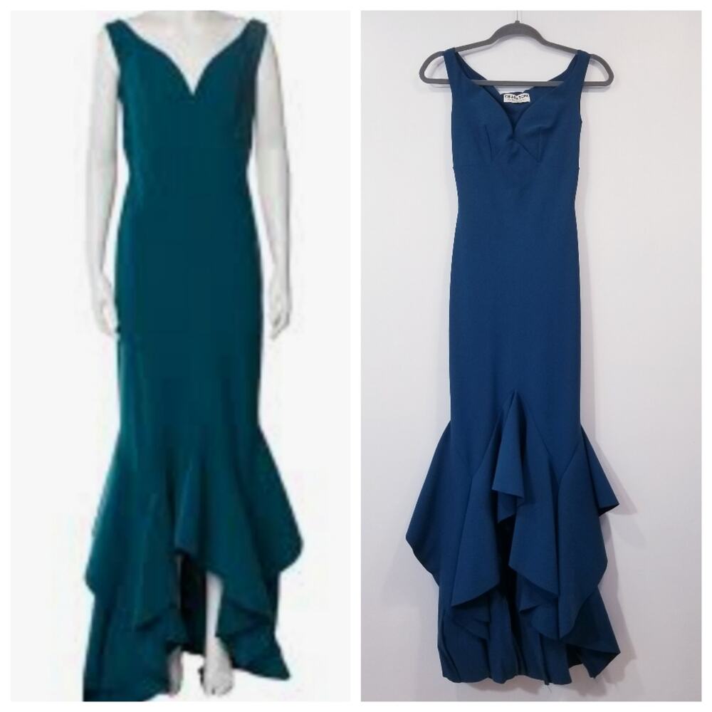Chiara Boni La Petite Teal Off Shoulder Gown with a Ruffled Mermaid Hem